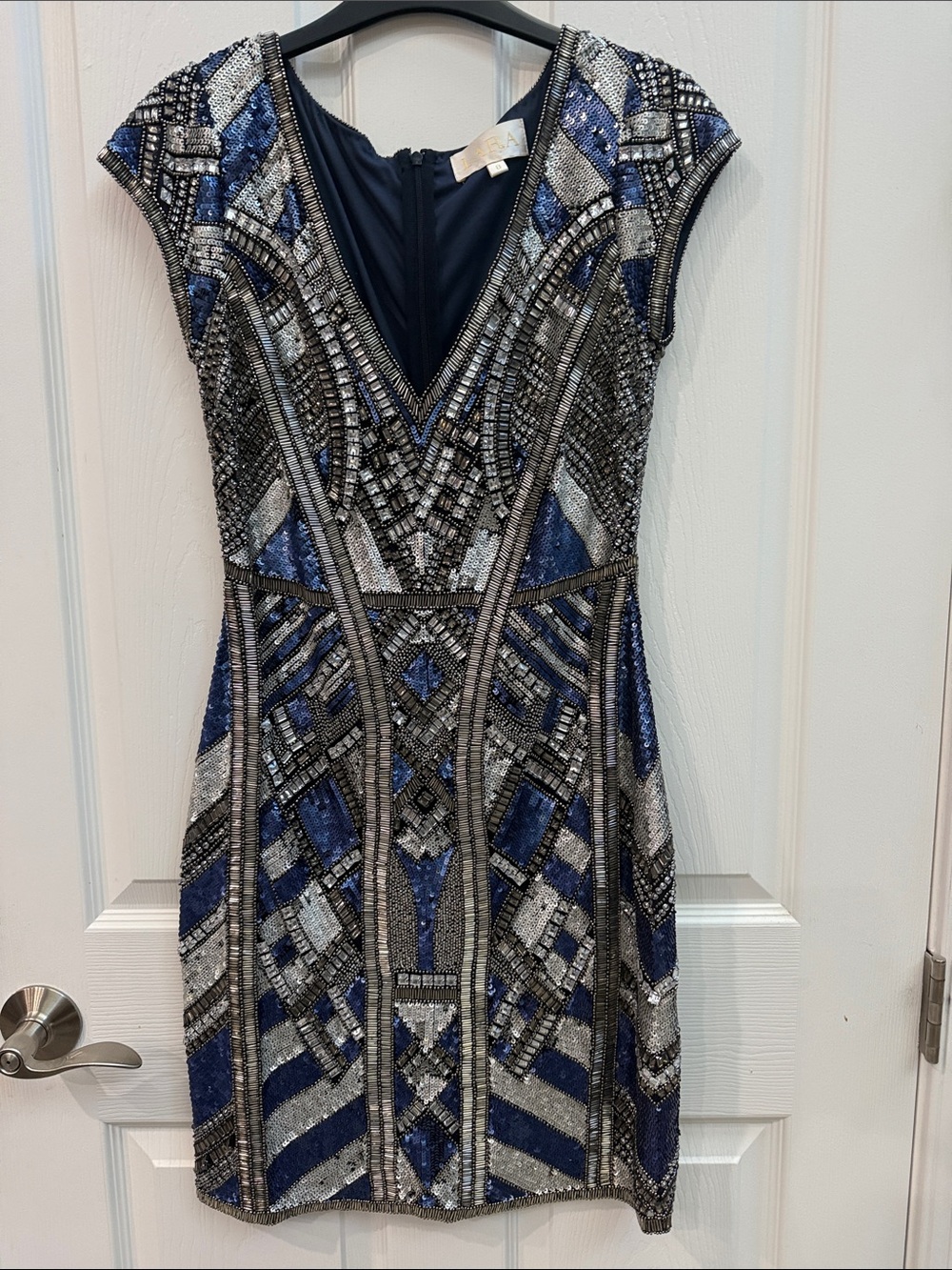 LARA Navy and Silver Beaded V-Neck Mini Dress